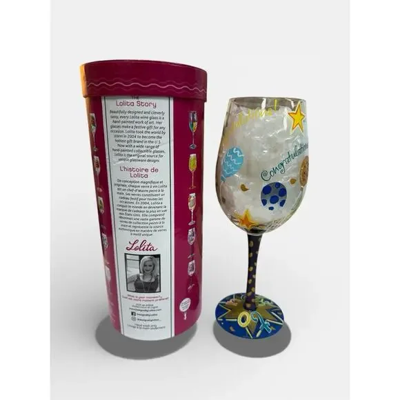 Lolita Love My Wine “Happy Retirement” Hand Painted 15 oz Glass New in Box - Picture 2 of 2
